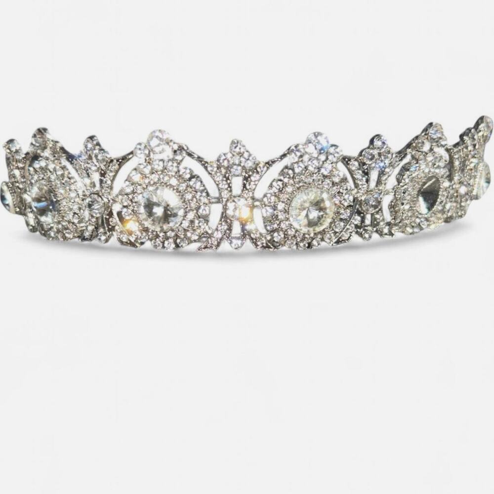 Dazzling Silver Large Rhinestones Gems Crown Tiara Veil Bridal Costume Cosplay